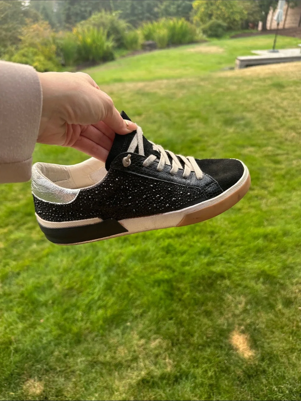 Dolce Vita Black Suede Rhinestone Trim Low-Top Sneakers